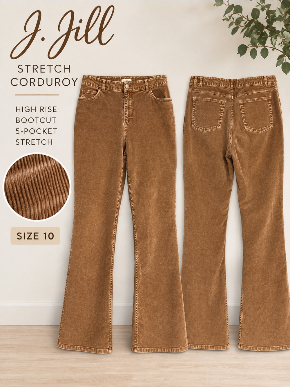 J. Jill Stretch Brown Corduroy Bootcut Pants Size 10 High Rise 31” Inseam